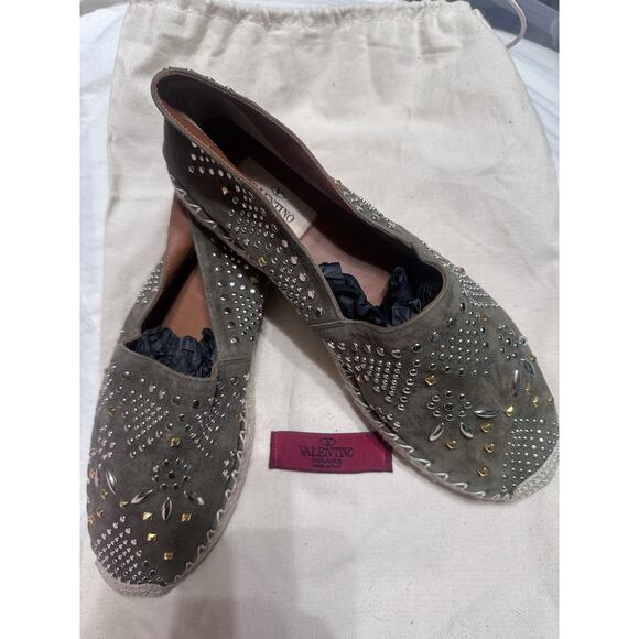 Authentic Valentino Olive Suede Micro Studded Espadrille Flats Size EU 37 US 6.5 - Picture 6 of 6